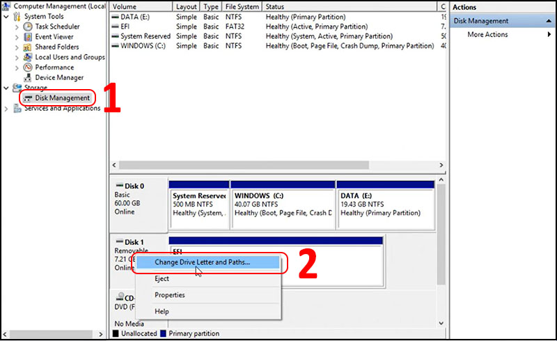 Click chuột phải vào ổ đĩa USB và chọn Change Drive Letter and Paths...